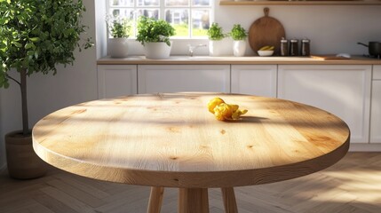 Poster - round wooden table in a bright kitchen, perfect for food or product displays.