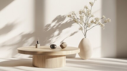 Poster - showcase your products on this stunning wooden table. its round shape and clean lines create a moder