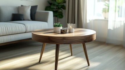 Poster - showcase your products on this stunning wooden table. its round shape and clean lines create a moder