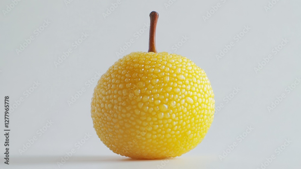 Yellow Asian pear shows its bumpy skin and stem on a white background ...