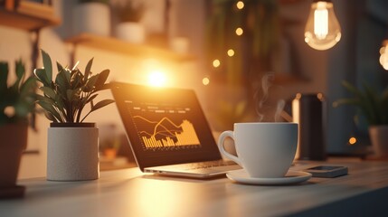 Poster - Cozy Workspace with Laptop Plant and Warm Lighting at Home Office