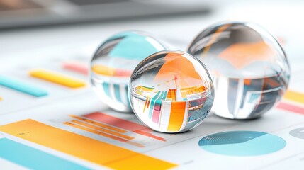 Poster - Vibrant Transparent Spheres on Colorful Geometric Background Showcasing Abstract Design and Technology Concepts