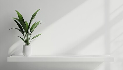 Poster - Minimalist shelf display with plant, sunlight, and white walls