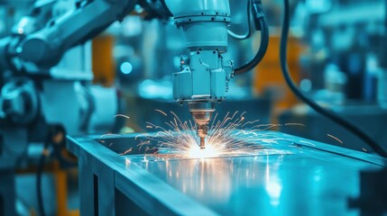 Poster - Robotic Arm Performing Precision Cutting with Sparks in Factory Setting