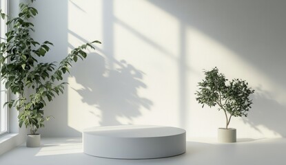 Wall Mural - White studio platform, plants, sunlight, minimalist backdrop, product display