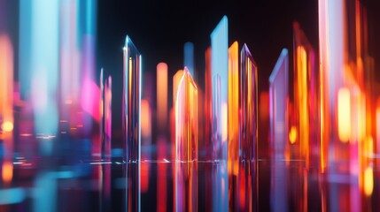 Poster - glowing futuristic cityscape with soaring skyscrapers and vibrant neon lights against a dark backgro