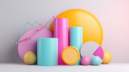 Poster - Vibrant Geometric Arrangement of Pastel Colored 3D Shapes on a Studio Backdrop