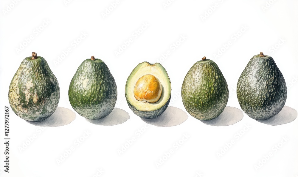 Five avocados in various stages of ripeness, showcasing their textures ...