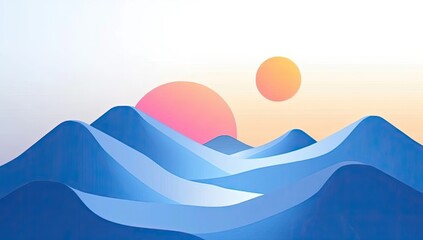Poster - Pastel Mountains Landscape, Two Suns, Dawn