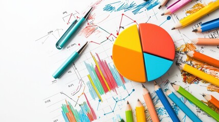 Poster - Colorful art supplies and business analytics tools on office desk for creative work and strategic planning