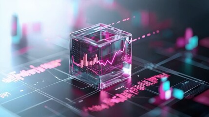 Poster - futuristic holographic data visualization concept with geometric cube and financial chart