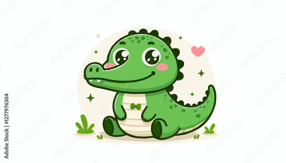 The image features a green croco decorated with a pink heart. It is presented in a cartoon style and can be categorized as an illustration or clipart. The artwork showcases the playful and charming