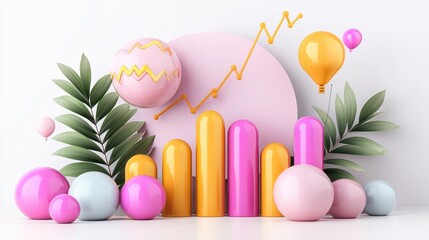 Poster - Colorful Contemporary Geometric Abstract Composition with 3D Shapes and Floral Elements on Pink Background