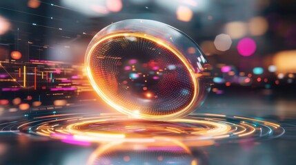 Poster - Futuristic Glowing Orb in Neon Digital Landscape with Vibrant Prismatic Lighting Effects and Fractal Patterns