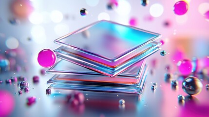 Poster - translucent geometric shapes and reflective surfaces in vibrant futuristic digital art