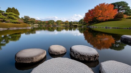 Kanazawa Kenroku-en Garden beautifully landscaped traditional Japanese garden, vibrant autumn leaves reflecting in a tranquil pond, timeless elegance