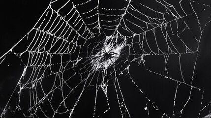 Dewdrops adorn a spiders intricate web at night