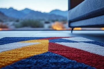 Wall Mural - A colorful geometric rug lies on a floor with a blurred background of mountains and a sofa.