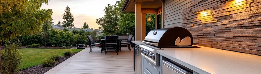 Large backyard kitchen with a grill, bar, and integrated party lighting system