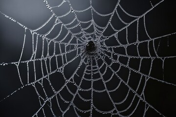 Intricate spiderweb glistening with morning dew, a delicate natural masterpiece.