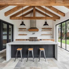 Luxury modern farmhouse outdoor kitchen with wooden beams and industrial finishes