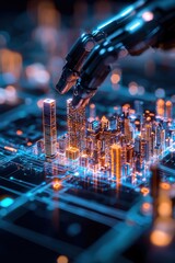 Poster - Futuristic Robot Hand Interacting with Digital Cityscape