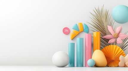 Poster - Colorful Geometric Shapes and Spring Floral Elements on White Background