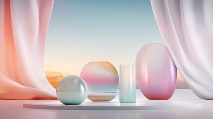 Poster - pastel geometric abstract composition with spherical shapes in studio setting