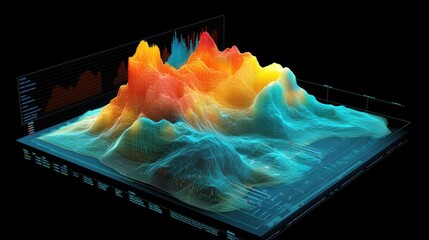 Poster - Vibrant and Ethereal 3D Digital Landscape Rendering of Surreal Mountain Terrain and Clouds