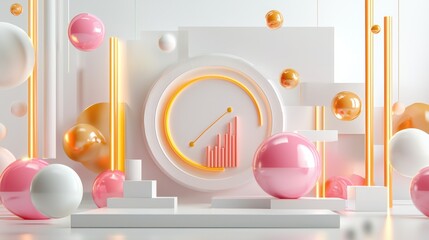 Poster - Abstract Geometric Shapes and Spheres in Pink Orange and Yellow Gradient Lighting Composition