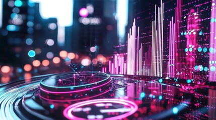 Poster - Futuristic Cityscape Illuminated by Neon Lights and Vibrant Blurred Metropolis at Night