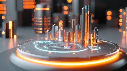 Poster - Futuristic Cityscape with Holographic Financial Data Visualization