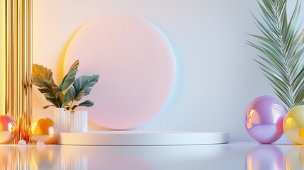 Poster - Minimalist Interior Design Scene with Pastel Sphere and Tropical Plant