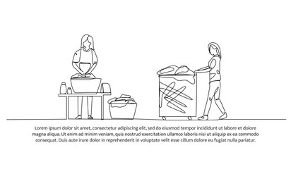 Wall Mural - Continuous one line design of laundry activity working. Minimalist style vector illustration on white background.