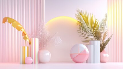 Poster - Pastel Geometric Shapes Podium with Tropical Foliage and Spheres in Clean Studio Backdrop