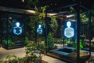 Poster - Garden features floating holograms, AI aids IT troubleshooting.