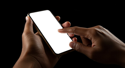 Poster - Smartphone in hand using touch. Smartphone held in hand using touch on black background. Hand using smartphone touch