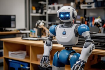 Fototapete - Safety protocols for robots refined by machine learning in workshop.