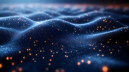Poster - Abstract Wavy Surface Background with Blue Hues and Bright Orange Glowing Particles