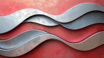 Wall Mural - Wavy Metallic Shapes Overlap on Red and Orange Background