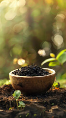 bowl of dark soil on a patch of earth, with blurred leaves and sunlight in the background