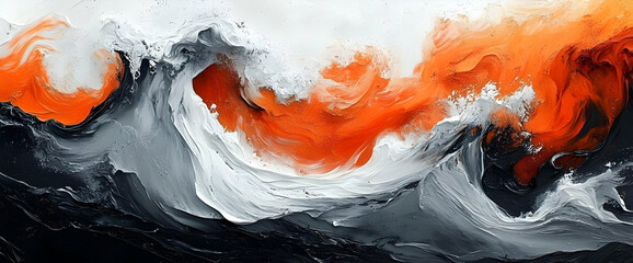 Poster - Abstract Orange and White Waves on Black Background Creative Ink Paint Texture