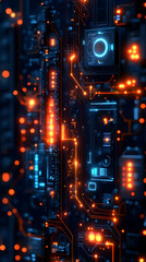 Poster - Abstract Circuit Board with Glowing Components in Dark Background with Intricate Details