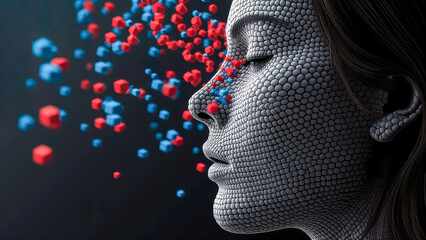 Poster - conceptual portrait of a woman with geometric patterns and colorful cubes representing imagination a