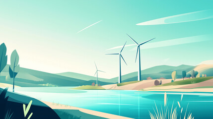 environmental theme illustrations of windmill on a clear blue sky background