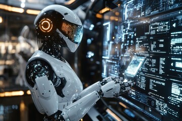 Poster - a sophisticated humanoid robot interacting with an advanced digital interface displaying complex dat