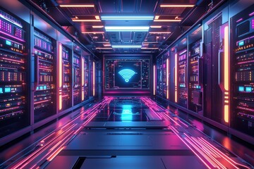 Poster - futuristic server room illuminated by neon lights, showcasing cutting-edge data storage and processi