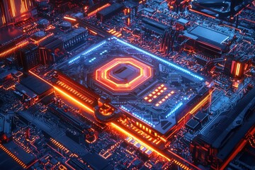 Poster - Detailed view of a high-tech computer motherboard with illuminated circuits and components, showcasing advanced technology and intricate design, futuristic.