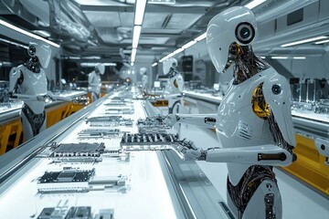 Poster - Robots precisely assembling computer components on a production line in a futuristic factory, reflecting advanced automation and technology in manufacturing process.