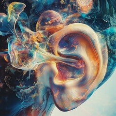 Poster - Abstract Auditory: An Ethereal Ear in Liquid Light and Shadow, Exploring the Depths of Hearing in an Artistic Rendering